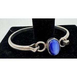 Taxco Mexico 925 Sterling Silver Blue Cats Eye Bangle Bracelet TD-27 Vintage